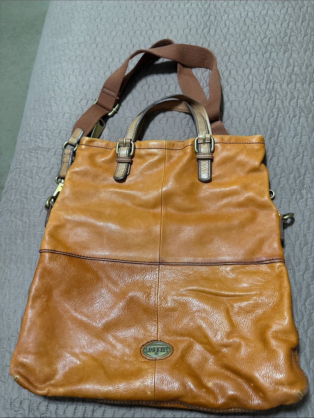 Fossil Cognac Leather Shoulder Tote with Adjustable Strap